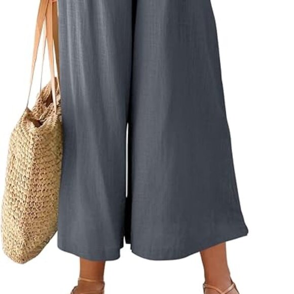 ANRABESS Women's Summer Straps One Shoulder High Waist Wide Leg Linen Romper - Picture 6 of 6